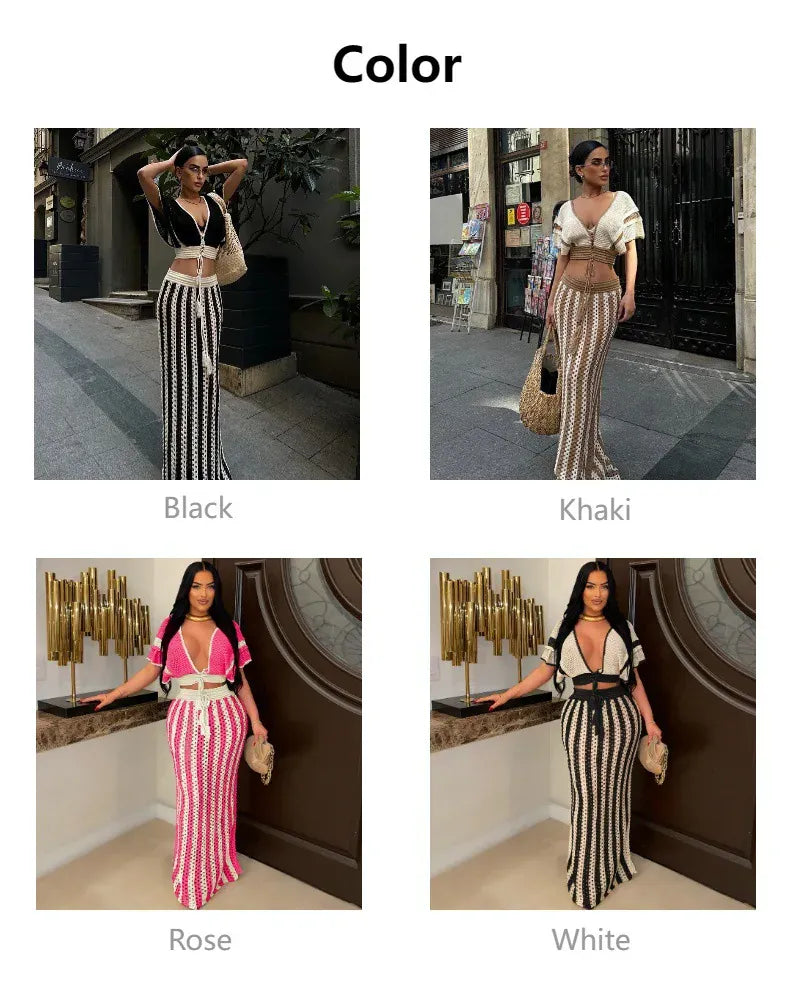 Wmstar Women Two Piece Set Sexy Elegant Knitted Crochet Beach Stripe Crop Tops Long Skirts Matching Set Holiday Birthday Outfits