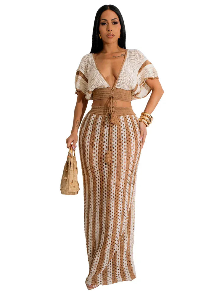 Wmstar Women Two Piece Set Sexy Elegant Knitted Crochet Beach Stripe Crop Tops Long Skirts Matching Set Holiday Birthday Outfits