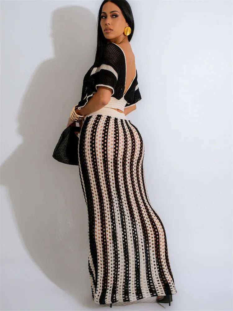 Wmstar Women Two Piece Set Sexy Elegant Knitted Crochet Beach Stripe Crop Tops Long Skirts Matching Set Holiday Birthday Outfits