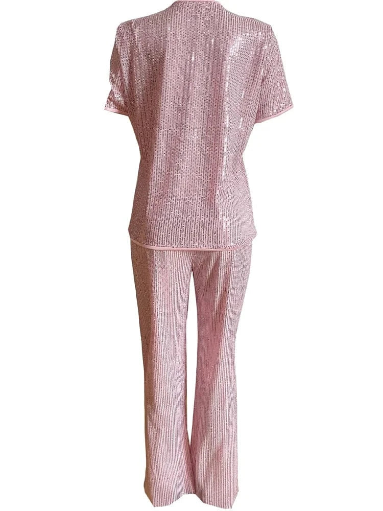 Wmstar Women Two Piece Set Spring Female Casual Shinny Sequin Round Neck Fashion Solid Short Sleeved Tshirt Wide Leg Pants Suit