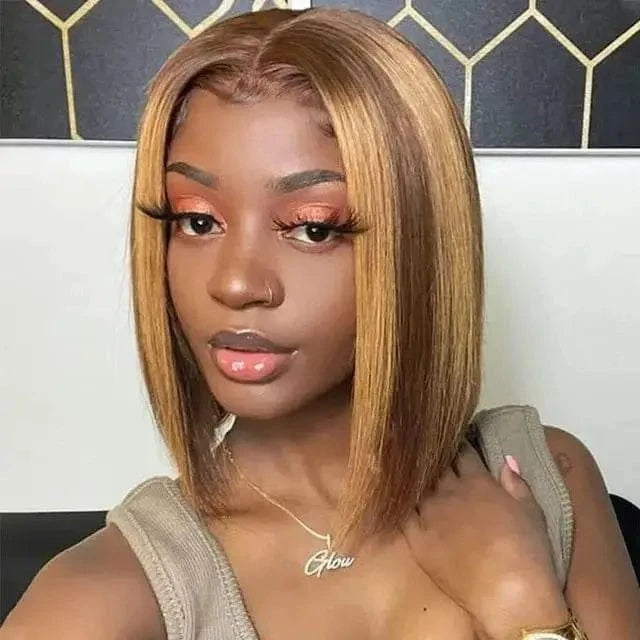 Woman Brazilian Human Hair Lace Front Wigs Highlight Brown Color Straight Human Hair 13X4 Lace Frontal Bob Wigs