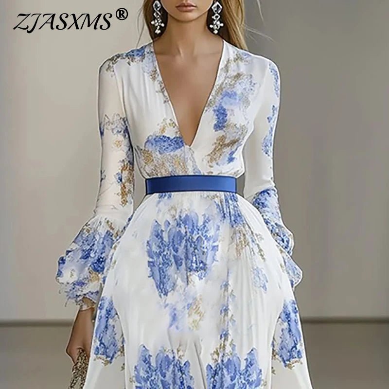 Woman Chic Floral Print Boho Long Dresses Spring Butterfly Sleeve High Waist Prom Dress Sexy V Neck Vacation Maxi Dress Vestidos - SN Wigs & More