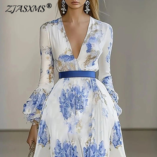 Woman Chic Floral Print Boho Long Dresses Spring Butterfly Sleeve High Waist Prom Dress Sexy V Neck Vacation Maxi Dress Vestidos - SN Wigs & More