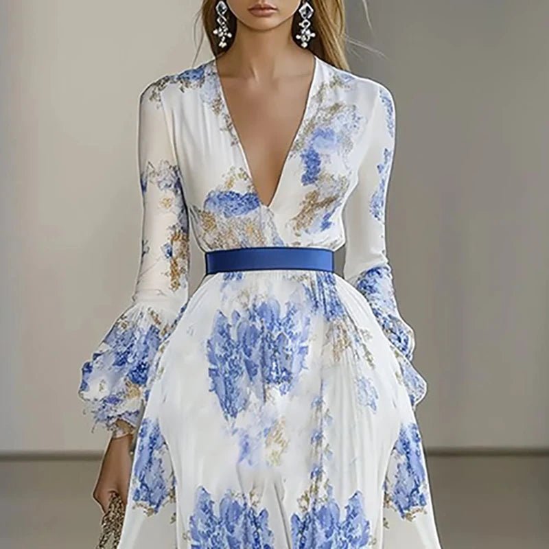 Woman Chic Floral Print Boho Long Dresses Spring Butterfly Sleeve High Waist Prom Dress Sexy V Neck Vacation Maxi Dress Vestidos - SN Wigs & More