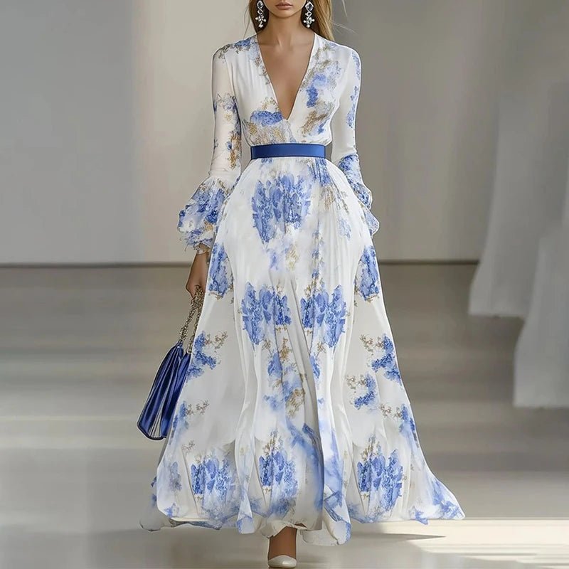 Woman Chic Floral Print Boho Long Dresses Spring Butterfly Sleeve High Waist Prom Dress Sexy V Neck Vacation Maxi Dress Vestidos - SN Wigs & More