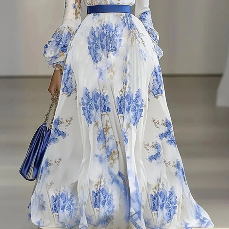 Woman Chic Floral Print Boho Long Dresses Spring Butterfly Sleeve High Waist Prom Dress Sexy V Neck Vacation Maxi Dress Vestidos - SN Wigs & More