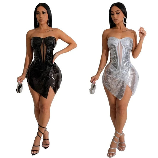 woman polyester sexy sleeveless shiny sequin silver metallic clubwear summer 2024 party luxury evening mini dress for women