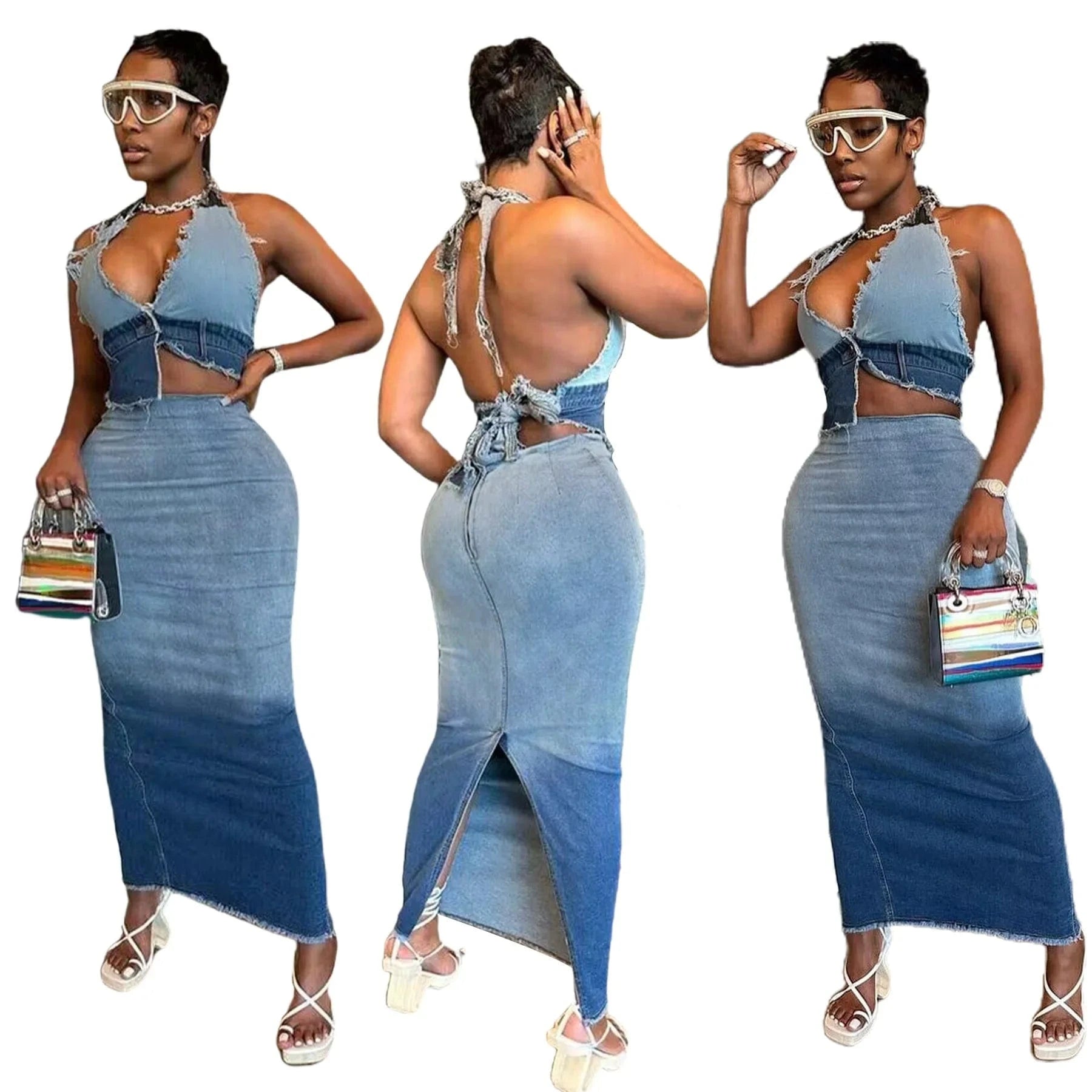 woman Wholesale 2024 New Denim modest ladies sexy Two Piece Skirt And Top Set 2 Piece Outfits long skirts sets For Women