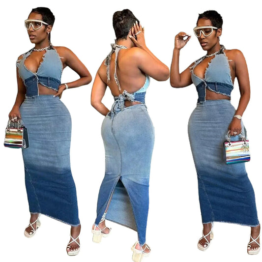 woman Wholesale 2024 New Denim modest ladies sexy Two Piece Skirt And Top Set 2 Piece Outfits long skirts sets For Women