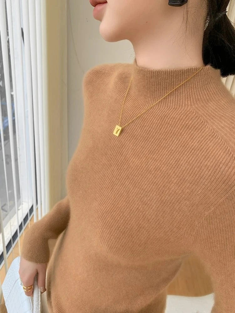 Women 100% Cashmere Sweater Mock Neck Pullover Autumn Winter Slim Basic Cashmere Knitwear Soft Warm High Strecth Pullover Tops