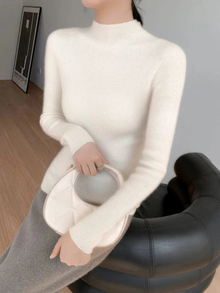 Women 100% Cashmere Sweater Mock Neck Pullover Autumn Winter Slim Basic Cashmere Knitwear Soft Warm High Strecth Pullover Tops
