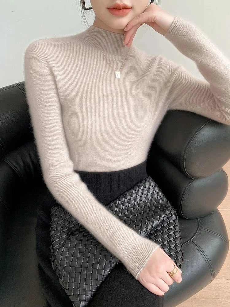 Women 100% Cashmere Sweater Mock Neck Pullover Autumn Winter Slim Basic Cashmere Knitwear Soft Warm High Strecth Pullover Tops