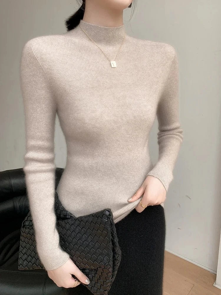 Women 100% Cashmere Sweater Mock Neck Pullover Autumn Winter Slim Basic Cashmere Knitwear Soft Warm High Strecth Pullover Tops