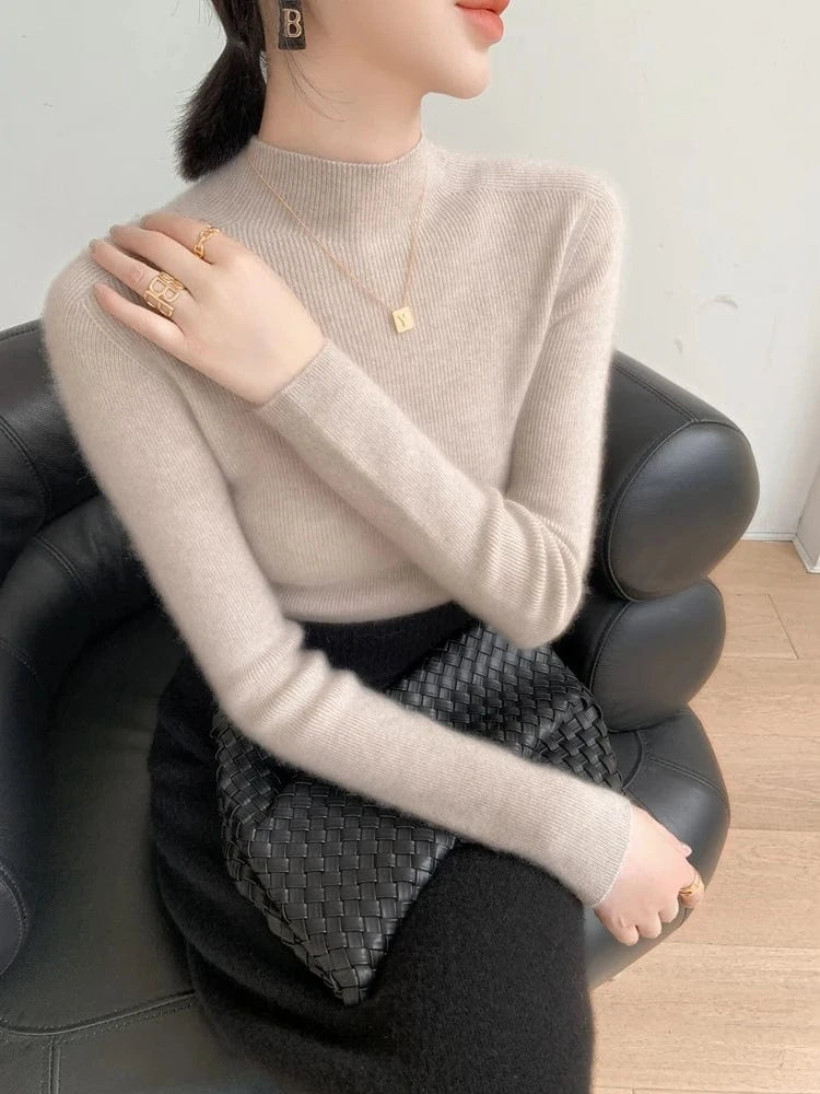 Women 100% Cashmere Sweater Mock Neck Pullover Autumn Winter Slim Basic Cashmere Knitwear Soft Warm High Strecth Pullover Tops