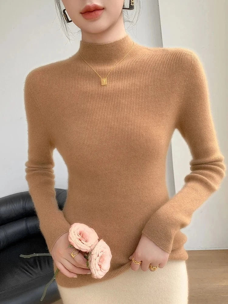 Women 100% Cashmere Sweater Mock Neck Pullover Autumn Winter Slim Basic Cashmere Knitwear Soft Warm High Strecth Pullover Tops