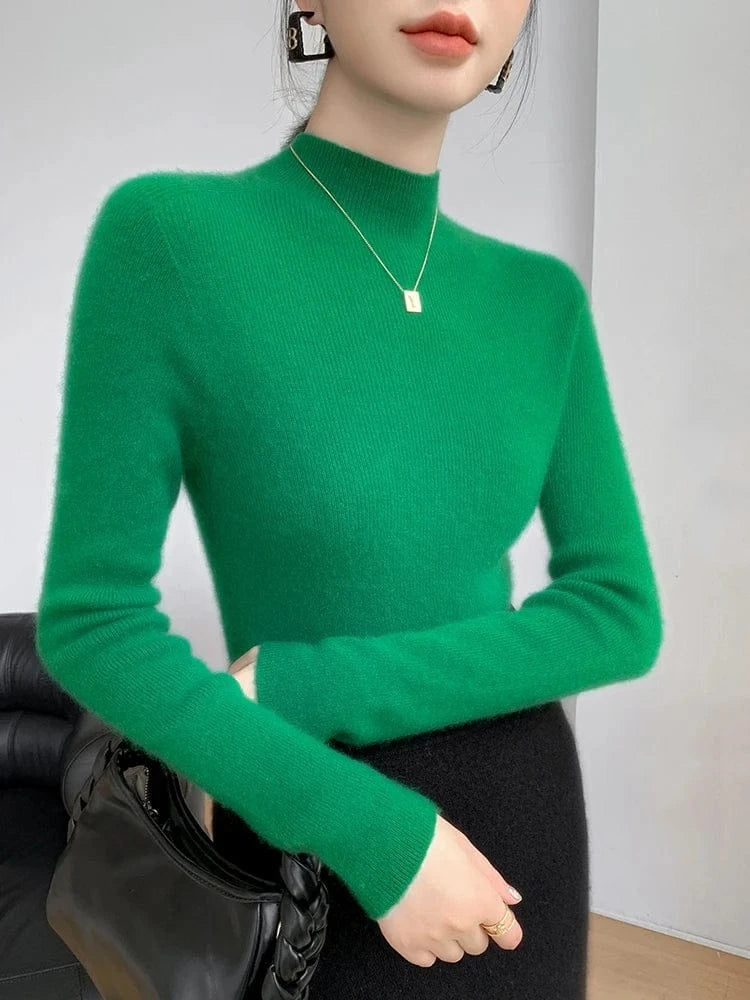 Women 100% Cashmere Sweater Mock Neck Pullover Autumn Winter Slim Basic Cashmere Knitwear Soft Warm High Strecth Pullover Tops