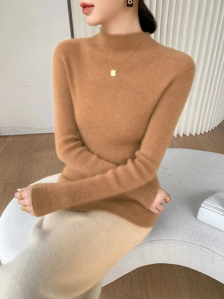 Women 100% Cashmere Sweater Mock Neck Pullover Autumn Winter Slim Basic Cashmere Knitwear Soft Warm High Strecth Pullover Tops