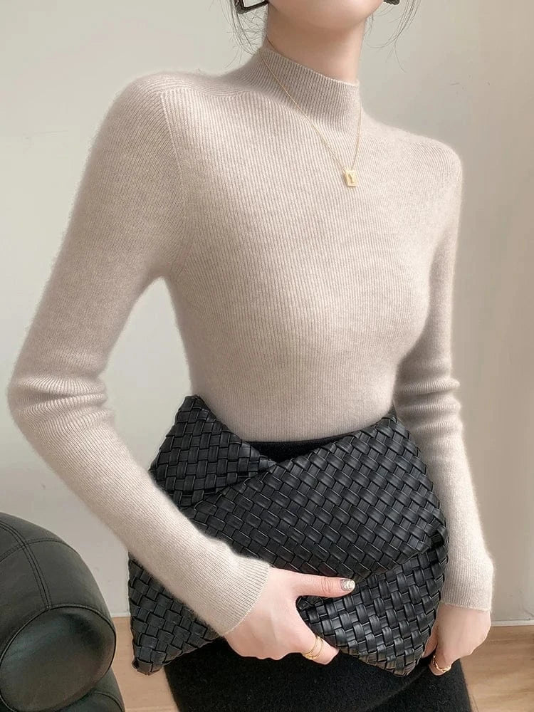 Women 100% Cashmere Sweater Mock Neck Pullover Autumn Winter Slim Basic Cashmere Knitwear Soft Warm High Strecth Pullover Tops