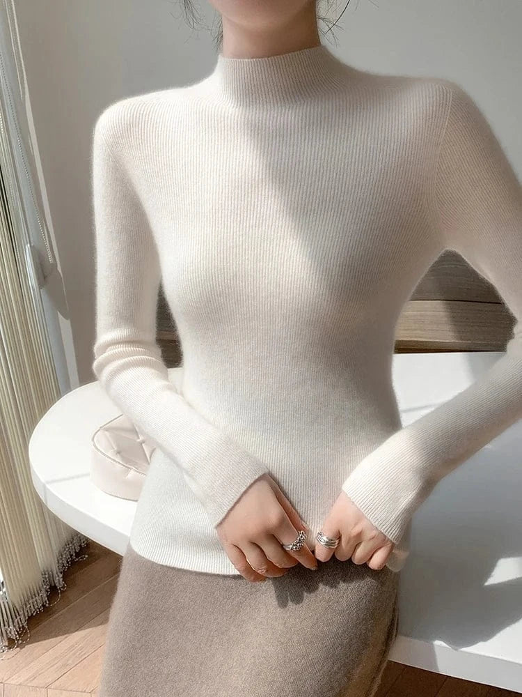 Women 100% Cashmere Sweater Mock Neck Pullover Autumn Winter Slim Basic Cashmere Knitwear Soft Warm High Strecth Pullover Tops