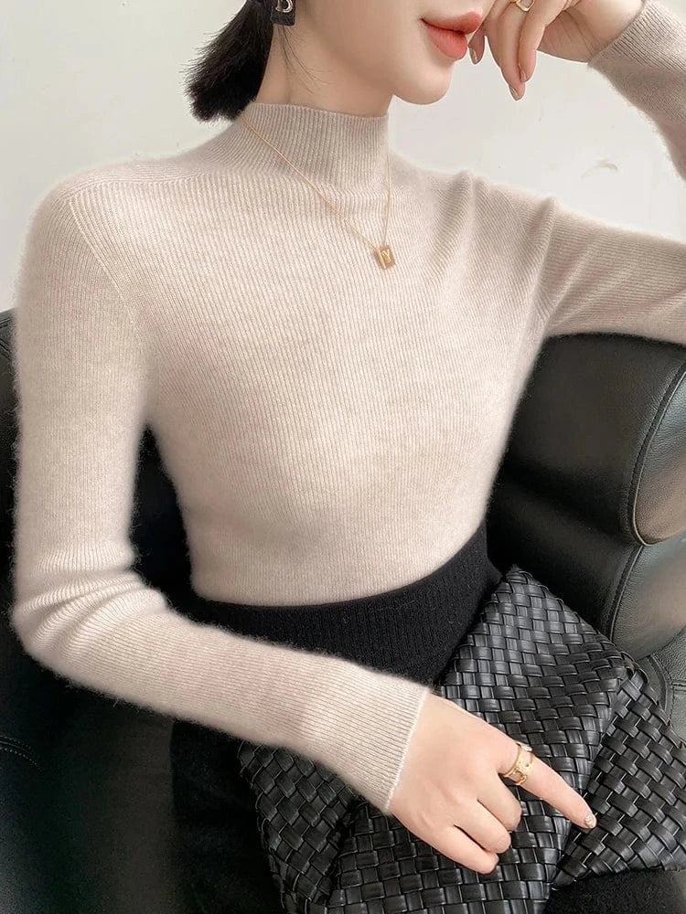 Women 100% Cashmere Sweater Mock Neck Pullover Autumn Winter Slim Basic Cashmere Knitwear Soft Warm High Strecth Pullover Tops