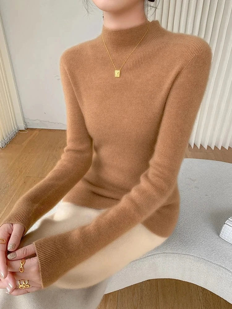 Women 100% Cashmere Sweater Mock Neck Pullover Autumn Winter Slim Basic Cashmere Knitwear Soft Warm High Strecth Pullover Tops