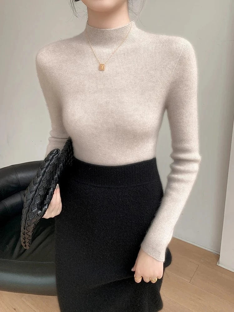 Women 100% Cashmere Sweater Mock Neck Pullover Autumn Winter Slim Basic Cashmere Knitwear Soft Warm High Strecth Pullover Tops