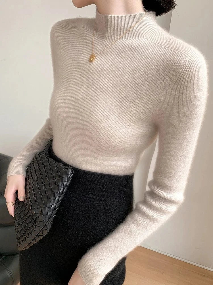 Women 100% Cashmere Sweater Mock Neck Pullover Autumn Winter Slim Basic Cashmere Knitwear Soft Warm High Strecth Pullover Tops
