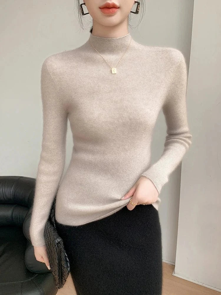 Women 100% Cashmere Sweater Mock Neck Pullover Autumn Winter Slim Basic Cashmere Knitwear Soft Warm High Strecth Pullover Tops