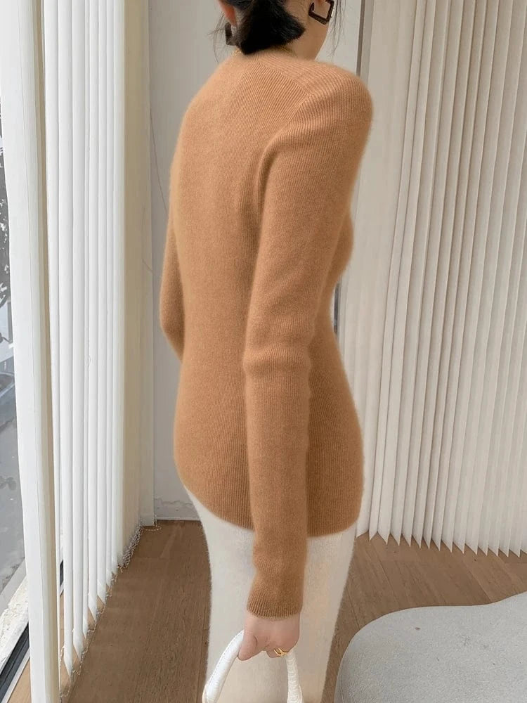 Women 100% Cashmere Sweater Mock Neck Pullover Autumn Winter Slim Basic Cashmere Knitwear Soft Warm High Strecth Pullover Tops