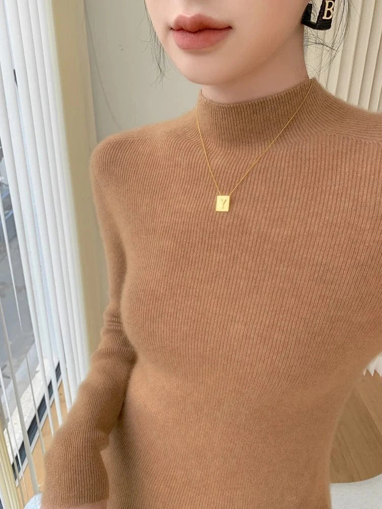 Women 100% Cashmere Sweater Mock Neck Pullover Autumn Winter Slim Basic Cashmere Knitwear Soft Warm High Strecth Pullover Tops