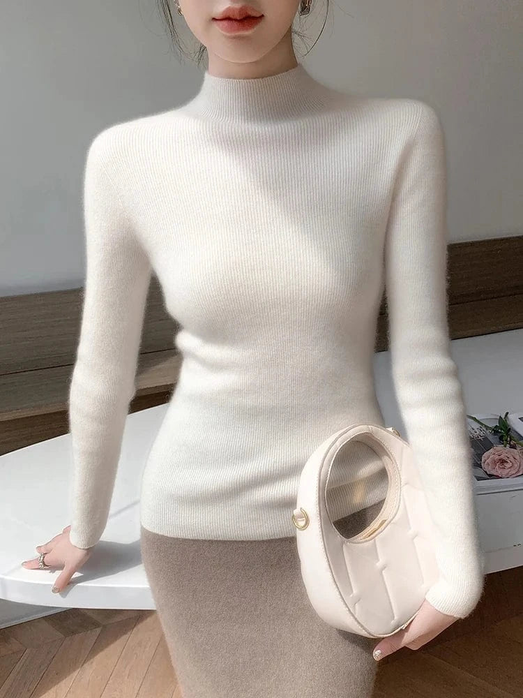 Women 100% Cashmere Sweater Mock Neck Pullover Autumn Winter Slim Basic Cashmere Knitwear Soft Warm High Strecth Pullover Tops
