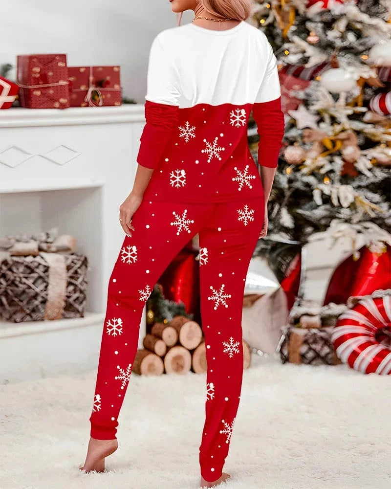 Women 2 Piece Christmas Let it Snow Cartoon Print Crewneck Pullover Top Casual Pants Pajamas Set