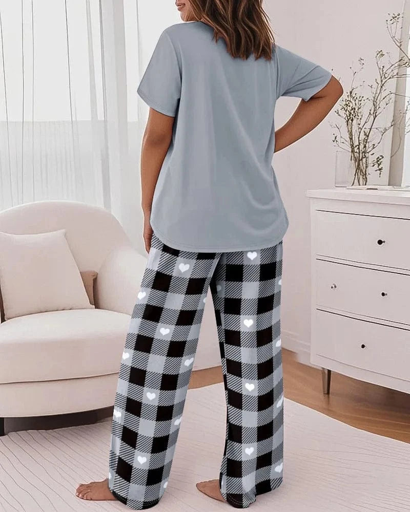 Women 2 Pieces Outfit Cute Letter Print Short Sleeve T-shirt and Plaid Pants Set Loungewear Fashion Casual