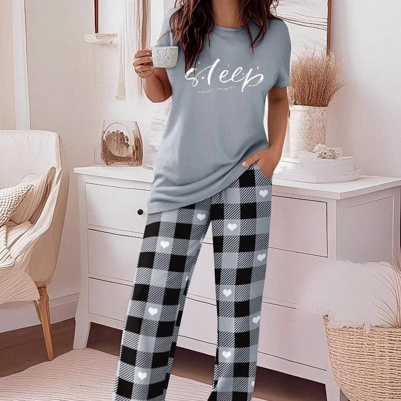 Women 2 Pieces Outfit Cute Letter Print Short Sleeve T-shirt and Plaid Pants Set Loungewear Fashion Casual