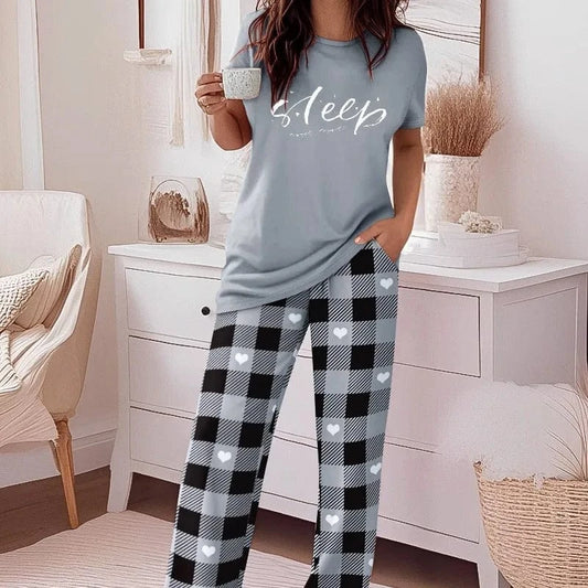 Women 2 Pieces Outfit Cute Letter Print Short Sleeve T-shirt and Plaid Pants Set Loungewear Fashion Casual