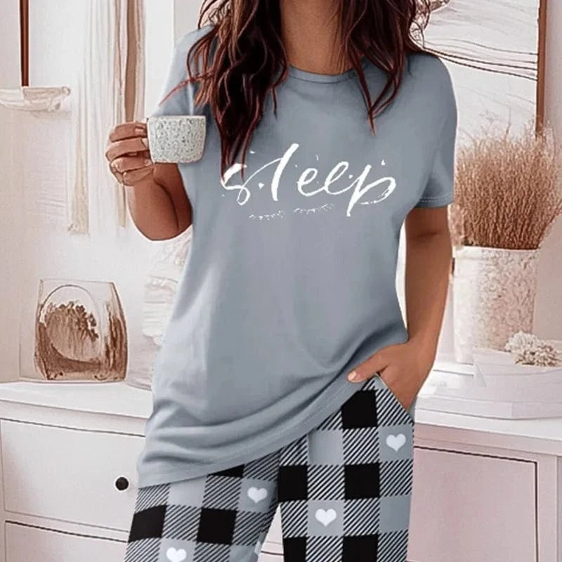 Women 2 Pieces Outfit Cute Letter Print Short Sleeve T-shirt and Plaid Pants Set Loungewear Fashion Casual