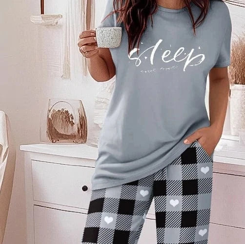 Women 2 Pieces Outfit Cute Letter Print Short Sleeve T-shirt and Plaid Pants Set Loungewear Fashion Casual