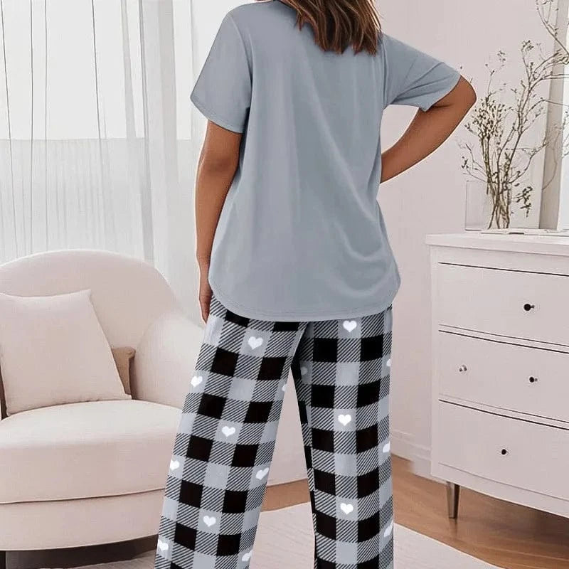 Women 2 Pieces Outfit Cute Letter Print Short Sleeve T-shirt and Plaid Pants Set Loungewear Fashion Casual