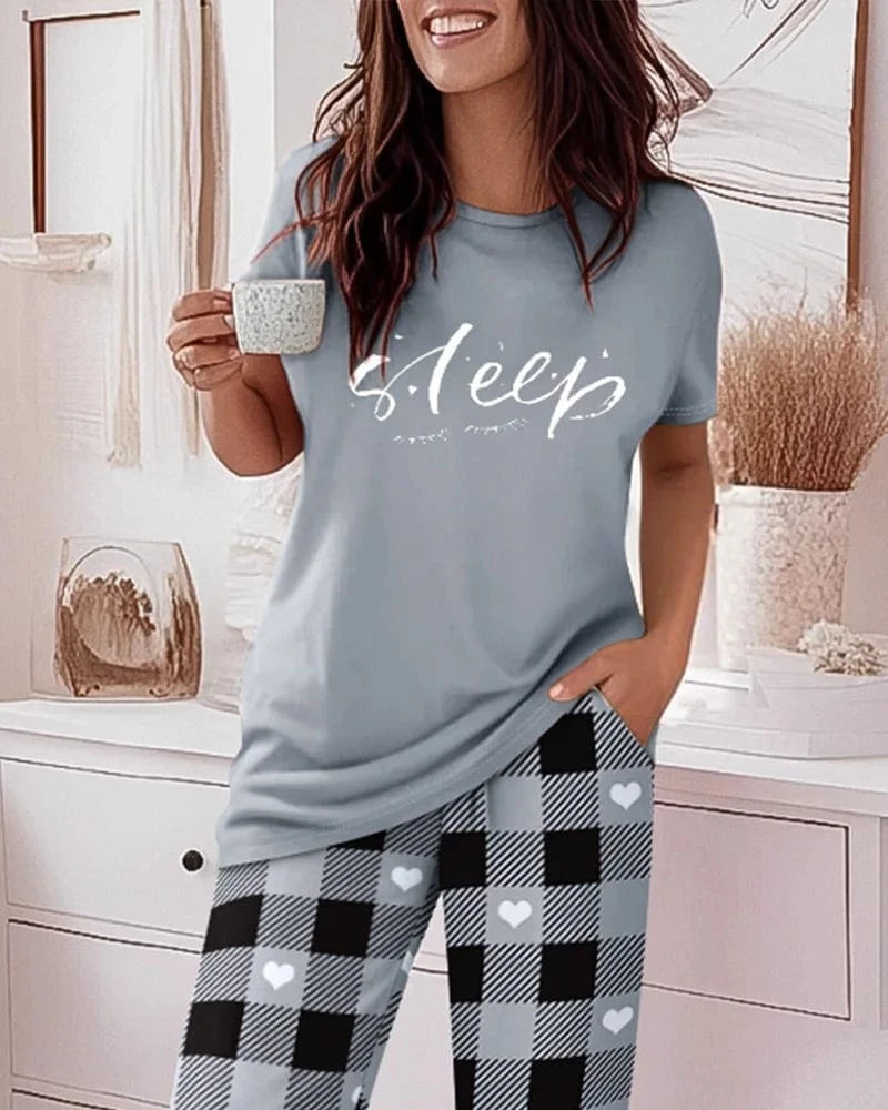 Women 2 Pieces Outfit Cute Letter Print Short Sleeve T-shirt and Plaid Pants Set Loungewear Fashion Casual