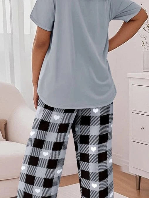 Women 2 Pieces Outfit Cute Letter Print Short Sleeve T-shirt and Plaid Pants Set Loungewear Fashion Casual
