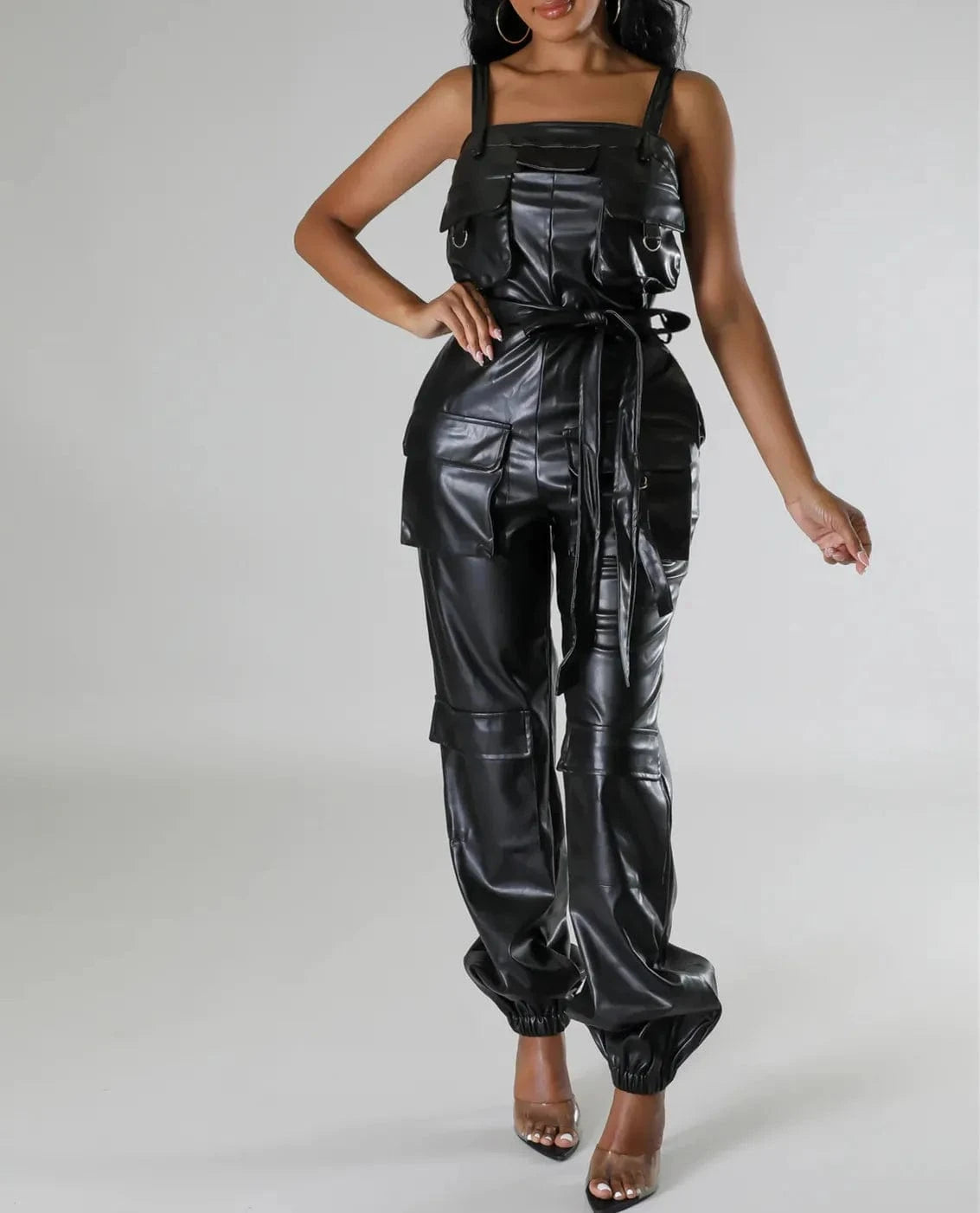 Women 2024 Fashion Cargo Pocket Strap Pu Leather  Sexy Party Jumpsuit Ins Street Romper One Piece Playsuit