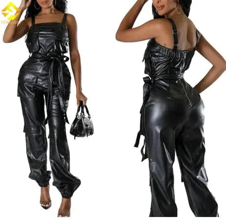 Women 2024 Fashion Cargo Pocket Strap Pu Leather  Sexy Party Jumpsuit Ins Street Romper One Piece Playsuit