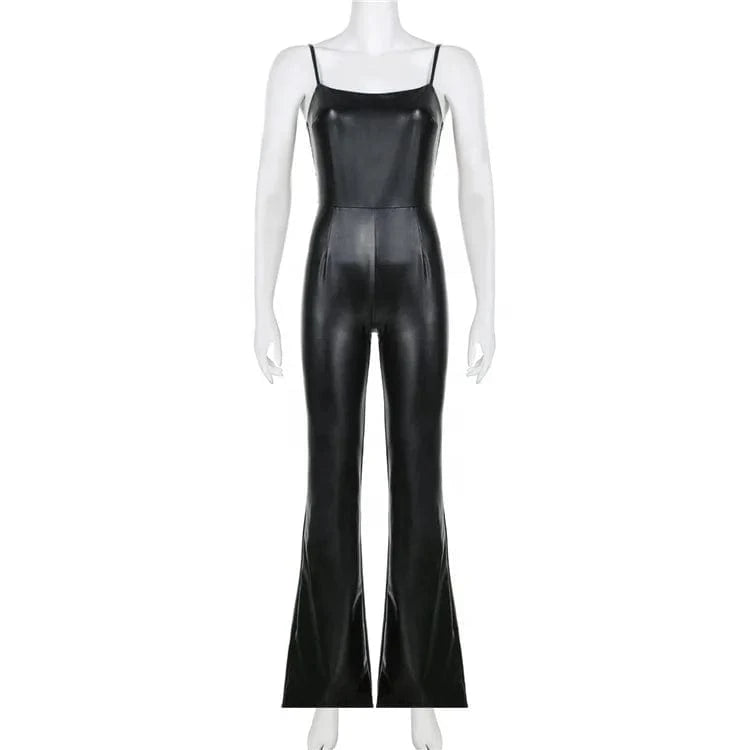 Women 2024 Fashion Spaghetti Strap Faux Leather PU Flare Sexy Party Jumpsuit INS Street Romper One Piece Playsuit