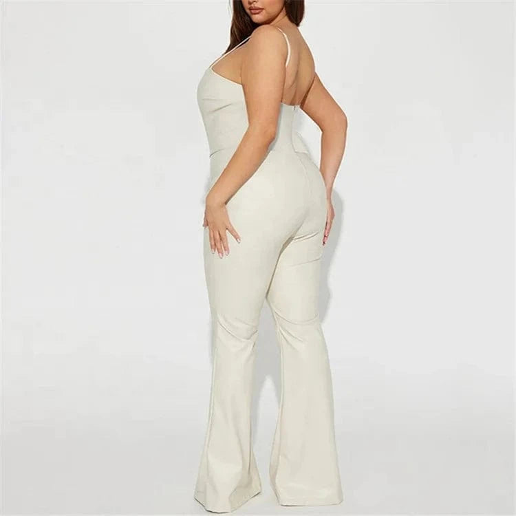Women 2024 Fashion Spaghetti Strap Faux Leather PU Flare Sexy Party Jumpsuit INS Street Romper One Piece Playsuit