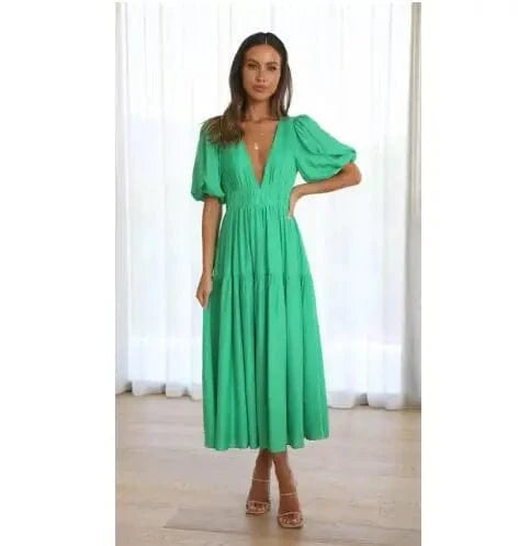 Women 2024 Puff Sleeve Deep V Neck Long Dresses Summer For Woman Sexy Green Women's Dress Summer Royal Blue