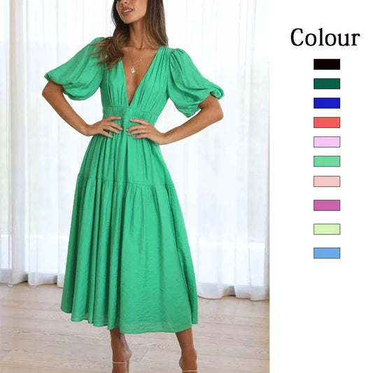 Women 2024 Puff Sleeve Deep V Neck Long Dresses Summer For Woman Sexy Green Women's Dress Summer Royal Blue