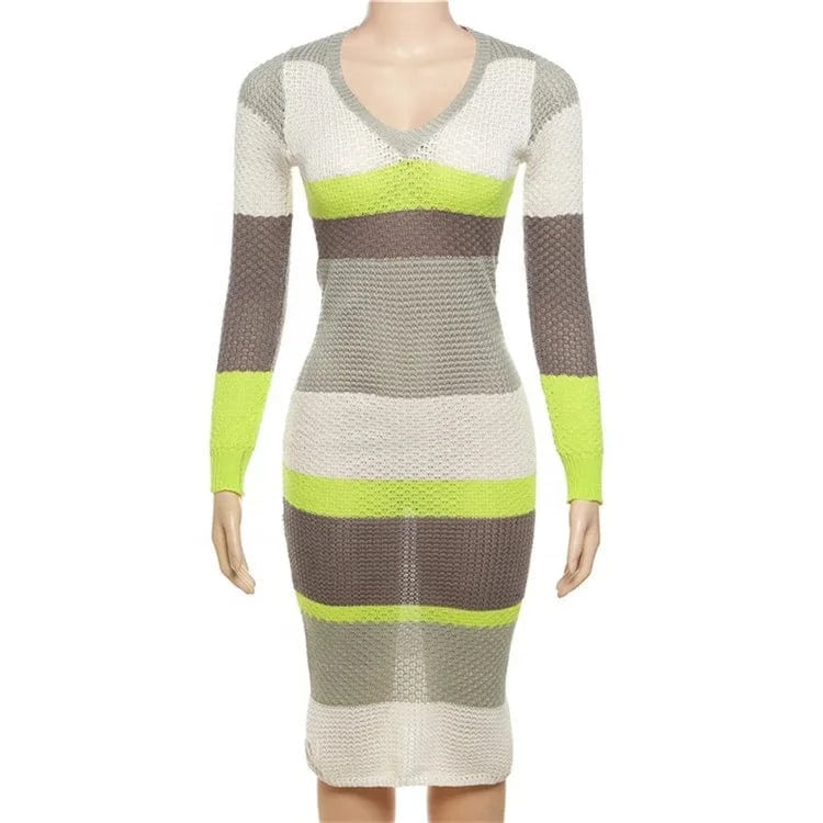 Women 2024 Spring Autumn Fashion Long Sleeve Knitted Streetwear Striped Bodycon Midi Dress