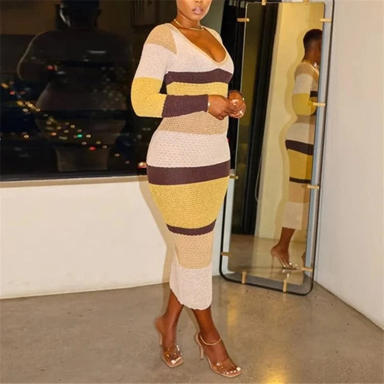Women 2024 Spring Autumn Fashion Long Sleeve Knitted Streetwear Striped Bodycon Midi Dress
