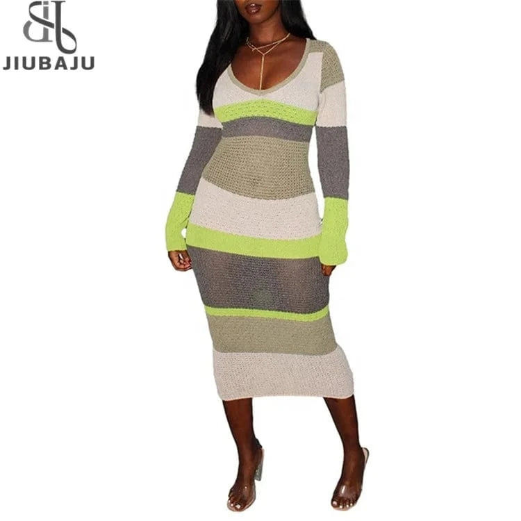 Women 2024 Spring Autumn Fashion Long Sleeve Knitted Streetwear Striped Bodycon Midi Dress