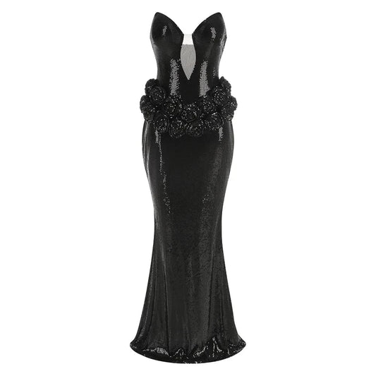 Women 2025 Black Sequin Strapless Mermaid Style Long Dress Hollow out Rose Embellishments Elegant Glamorous Party Evening Gown